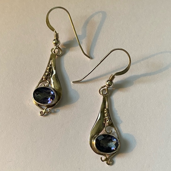 Sterling Silver Blue Stone Teardrop Dangle Earrings - Picture 7 of 8